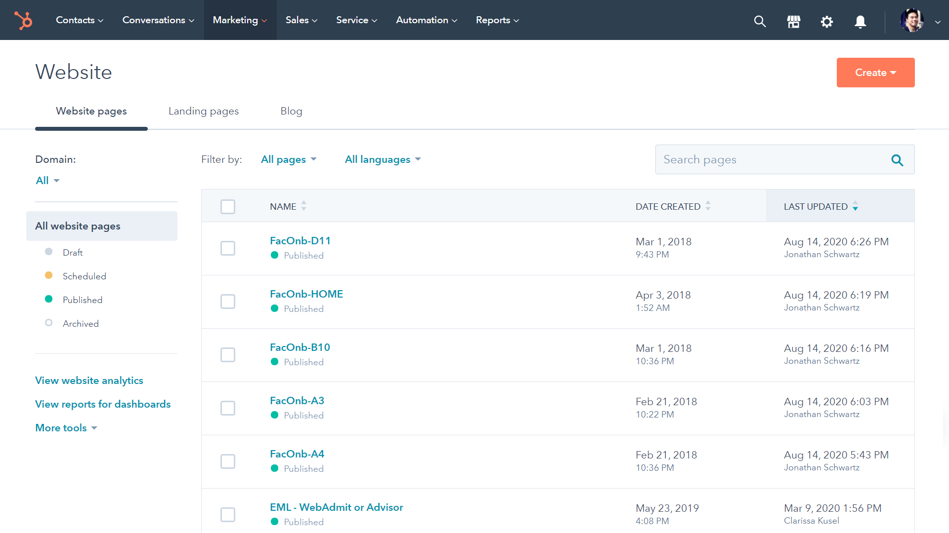 HubSpot website pages dashboard showing published onboarding pages