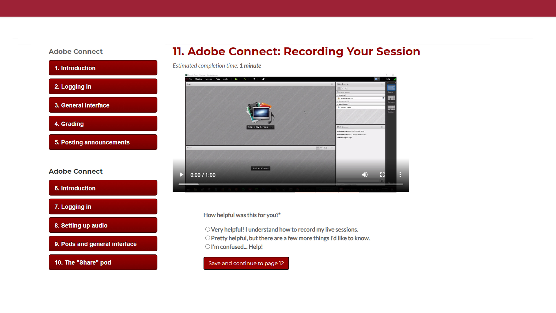 Live Faculty Onboarding Portal — Adobe Connect lesson with embedded video and confidence rating